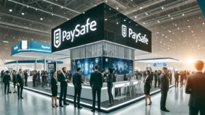 Paysafe booth at a finance expo displaying increased 2024 Q1 revenues"